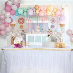 Lofaris Pastel Candy Shop Birthday Backdrop with Balloons and Donuts Sweet Dessert Party Decor for Kids Photoshoot