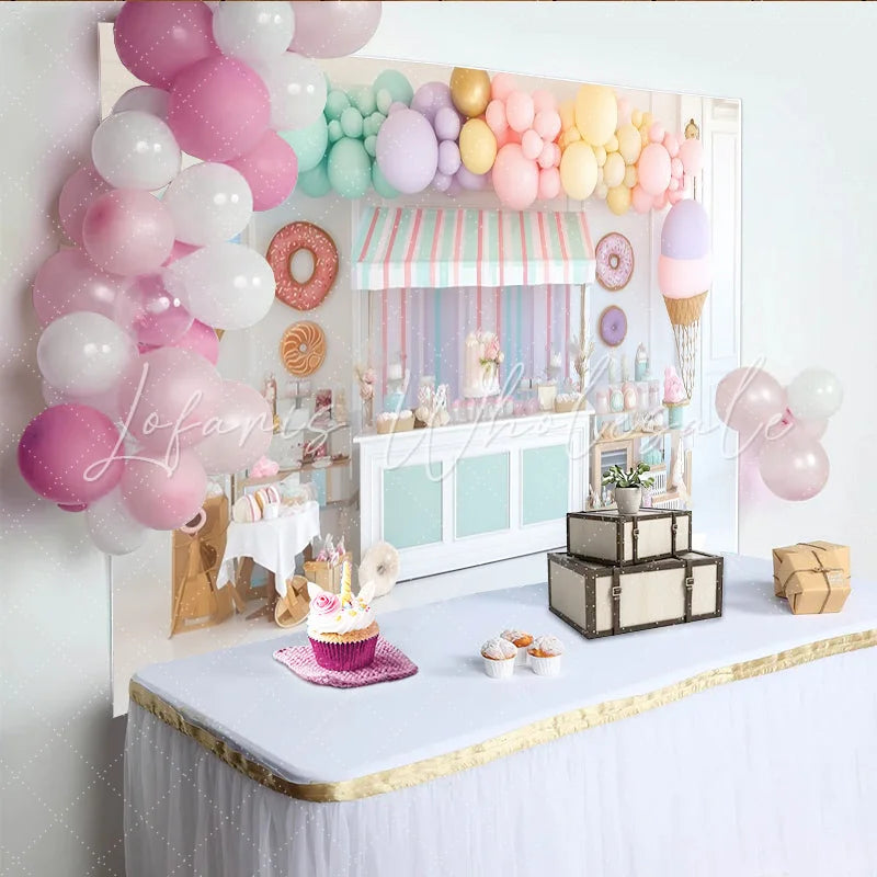 Lofaris Pastel Candy Shop Birthday Backdrop with Balloons and Donuts Sweet Dessert Party Decor for Kids Photoshoot