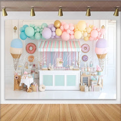 Lofaris Pastel Candy Shop Birthday Backdrop with Balloons and Donuts Sweet Dessert Party Decor for Kids Photoshoot