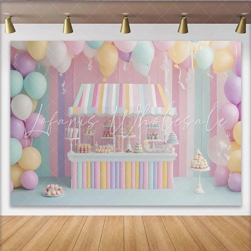 Lofaris Pastel Candy Shop Birthday Backdrop with Balloons and Sweets Sweet Party Decor for Kids Photoshoot and Celebration
