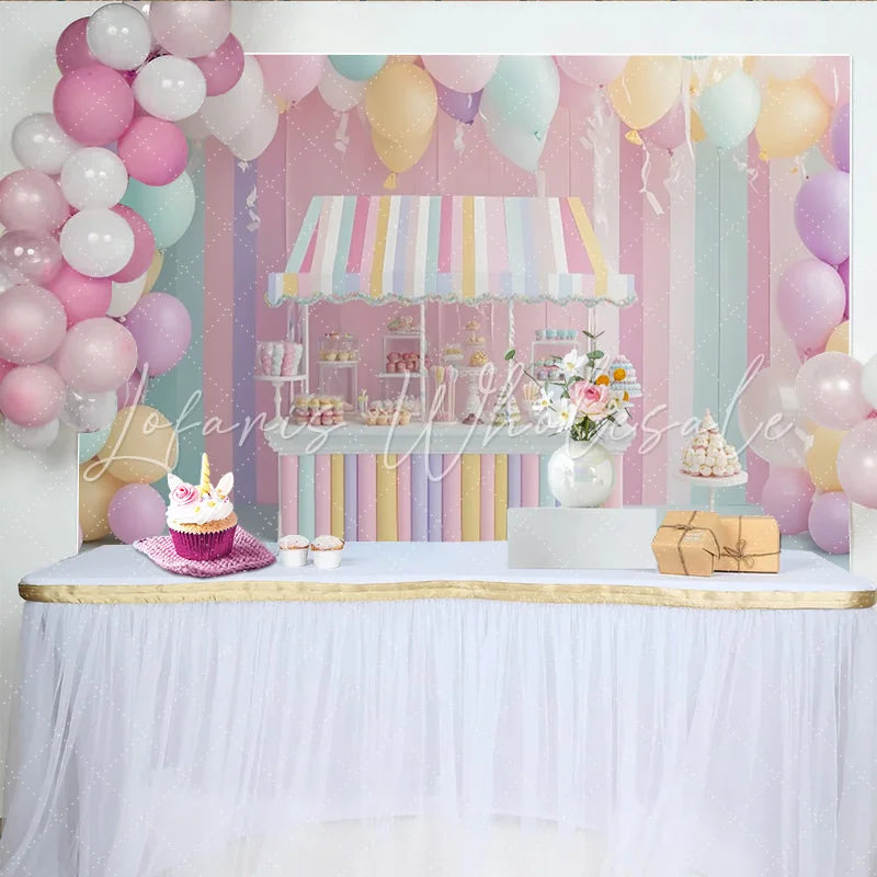 Lofaris Pastel Candy Shop Birthday Backdrop with Balloons and Sweets Sweet Party Decor for Kids Photoshoot and Celebration