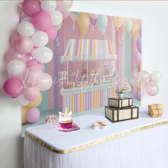 Lofaris Pastel Candy Shop Birthday Backdrop with Balloons and Sweets Sweet Party Decor for Kids Photoshoot and Celebration