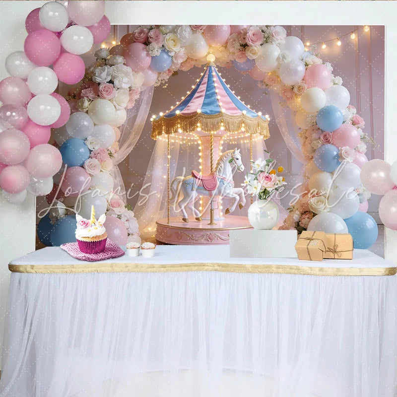 Lofaris Pastel Carousel Birthday Backdrop with Pink and Blue Balloons Elegant Photo Booth Background for Baby Shower or Kids Party