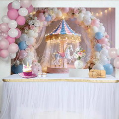 Lofaris Pastel Carousel Birthday Backdrop with Pink and Blue Balloons Elegant Photo Booth Background for Baby Shower or Kids Party