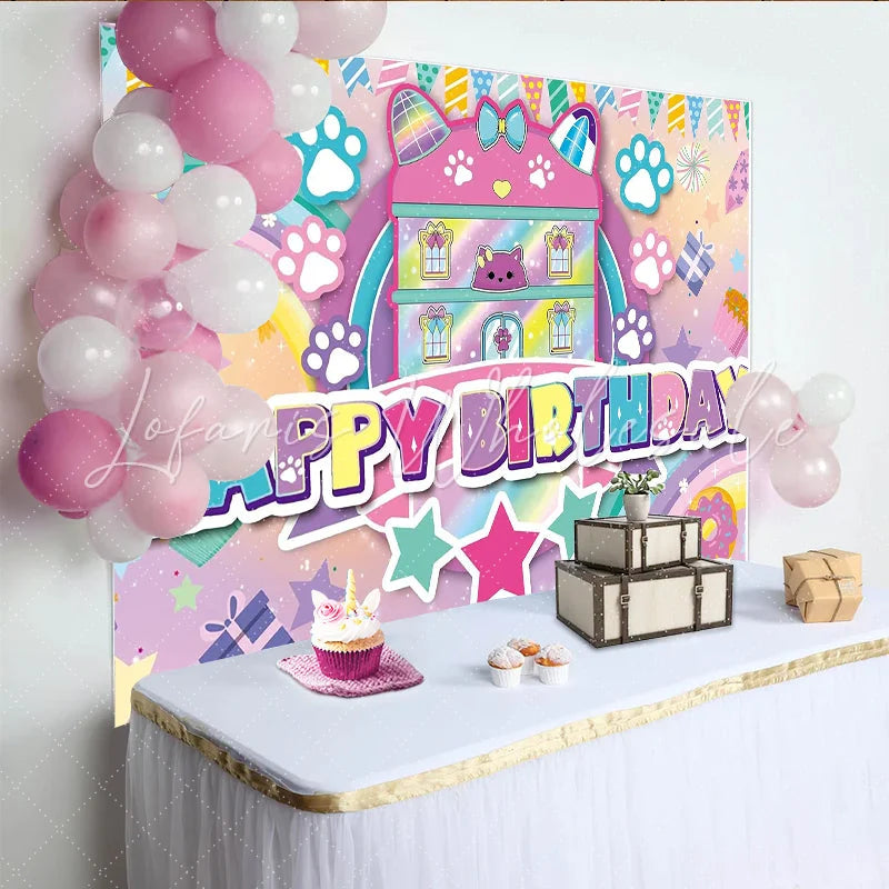Lofaris Pastel Cat Dollhouse Birthday Backdrop with Paw Prints and Rainbow Sweet Happy Birthday Party Background for Girls Photoshoot.