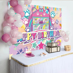 Lofaris Pastel Cat Dollhouse Birthday Backdrop with Paw Prints and Rainbow Sweet Happy Birthday Party Background for Girls Photoshoot.