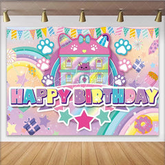 Lofaris Pastel Cat Dollhouse Birthday Backdrop with Paw Prints and Rainbow Sweet Happy Birthday Party Background for Girls Photoshoot.