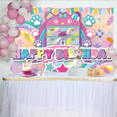 Lofaris Pastel Cat Dollhouse Birthday Backdrop with Paw Prints and Rainbow Sweet Happy Birthday Party Background for Girls Photoshoot.