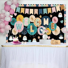 Lofaris Pastel Colorful Welcome Photography Backdrop with Rainbows and Paper Fans Cheerful Studio Background for Party Decor