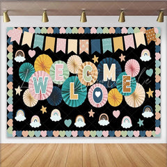 Lofaris Pastel Colorful Welcome Photography Backdrop with Rainbows and Paper Fans Cheerful Studio Background for Party Decor