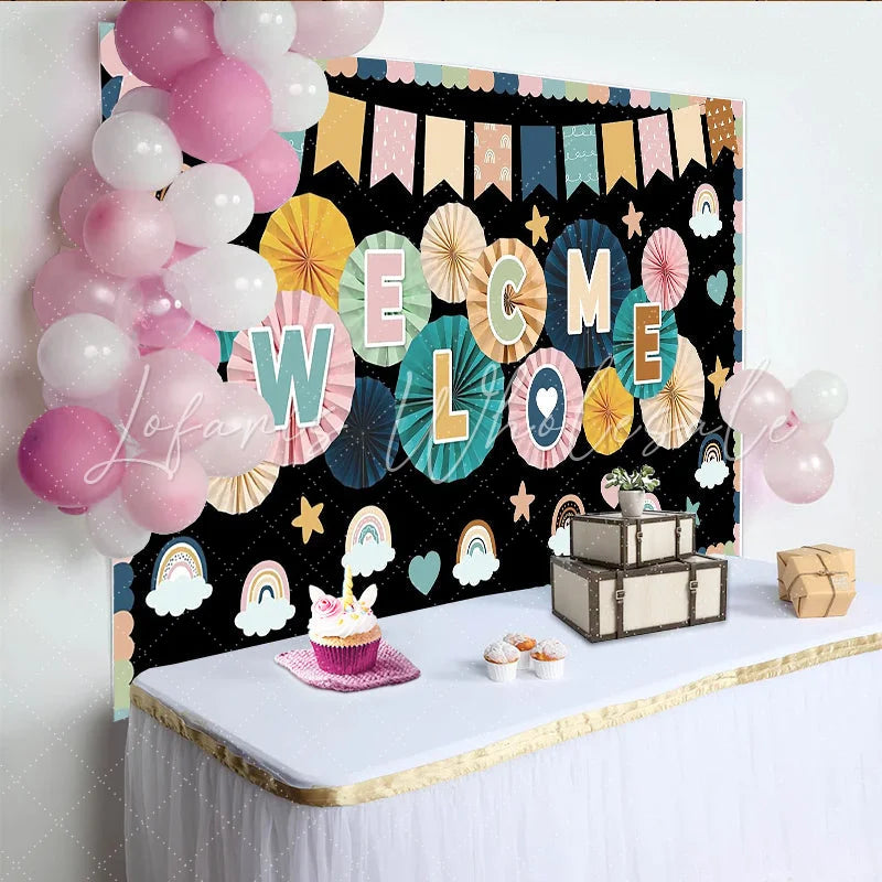 Lofaris Pastel Colorful Welcome Photography Backdrop with Rainbows and Paper Fans Cheerful Studio Background for Party Decor