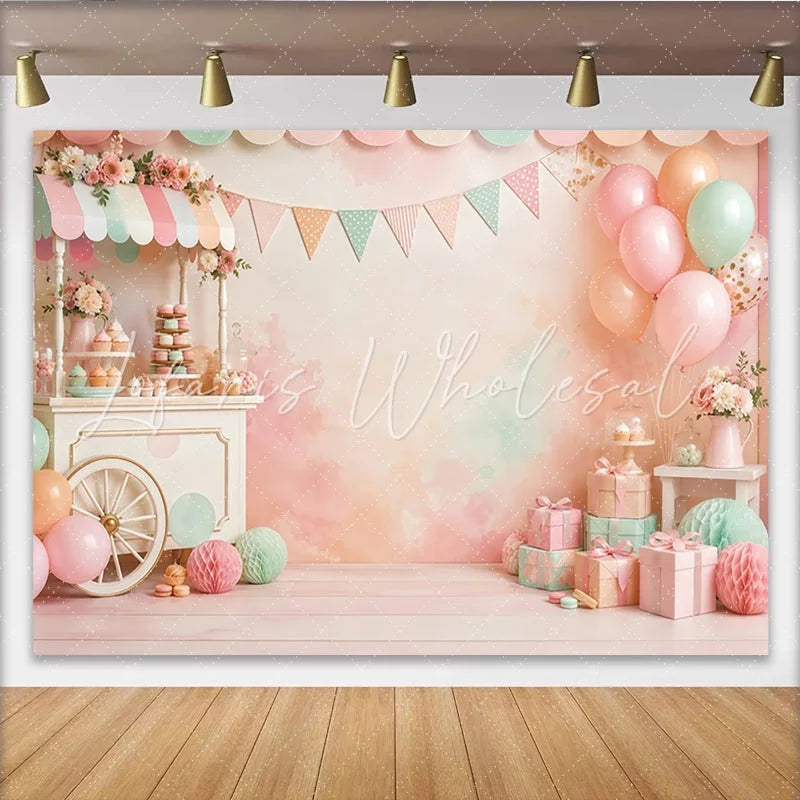 Lofaris Pastel Dessert Cart Birthday Backdrop with Balloons and Gifts Sweet Watercolor Background for Baby Shower or Photoshoot