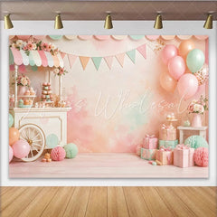 Lofaris Pastel Dessert Cart Birthday Backdrop with Balloons and Gifts Sweet Watercolor Background for Baby Shower or Photoshoot
