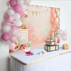 Lofaris Pastel Dessert Cart Birthday Backdrop with Balloons and Gifts Sweet Watercolor Background for Baby Shower or Photoshoot