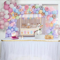 Lofaris Pastel Donut Birthday Backdrop with Balloon Arch Sweet Dessert Cart Decor for Kids Party