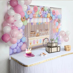 Lofaris Pastel Donut Birthday Backdrop with Balloon Arch Sweet Dessert Cart Decor for Kids Party