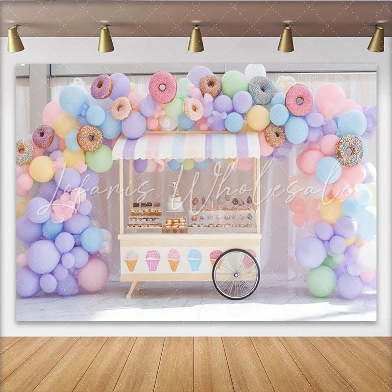 Lofaris Pastel Donut Birthday Backdrop with Balloon Arch Sweet Dessert Cart Decor for Kids Party
