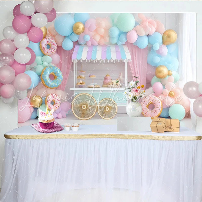 Lofaris Pastel Donut Birthday Backdrop with Sweet Dessert Cart and Balloons Charming Party Decor for Kids Photoshoot and Celebration