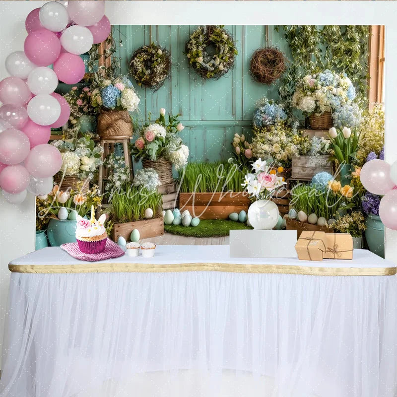 Lofaris Pastel Easter Backdrop with Spring Flowers and Eggs Rustic Wood Wall Photography Background for Holiday Party