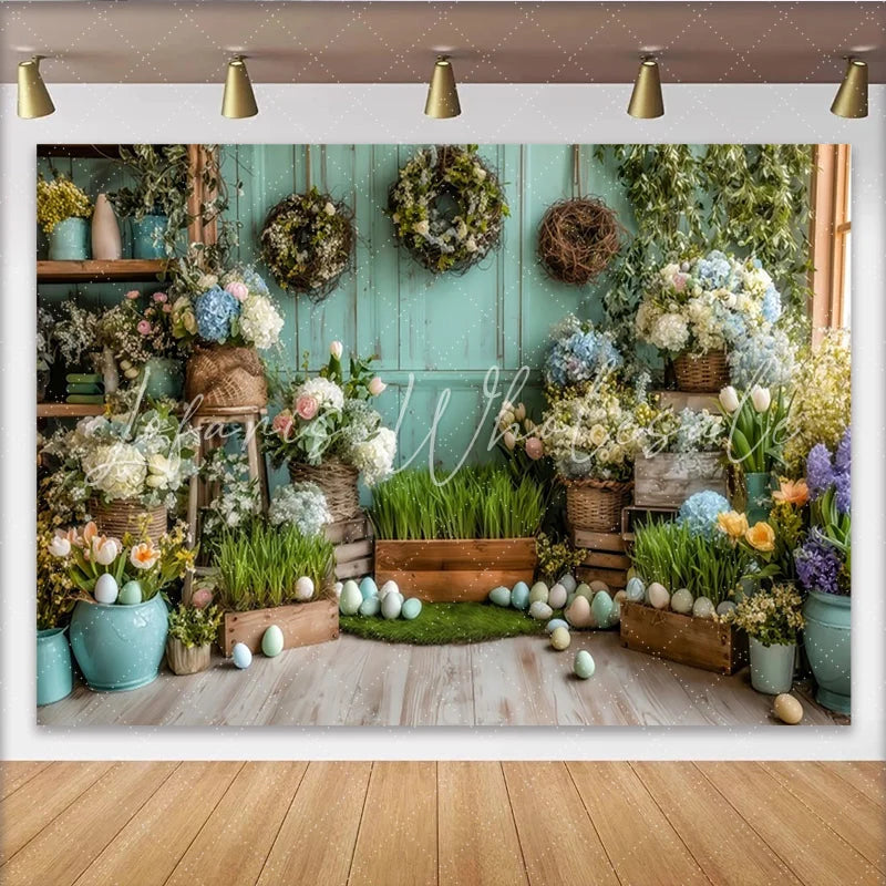 Lofaris Pastel Easter Backdrop with Spring Flowers and Eggs Rustic Wood Wall Photography Background for Holiday Party