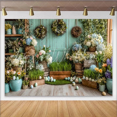 Lofaris Pastel Easter Backdrop with Spring Flowers and Eggs Rustic Wood Wall Photography Background for Holiday Party