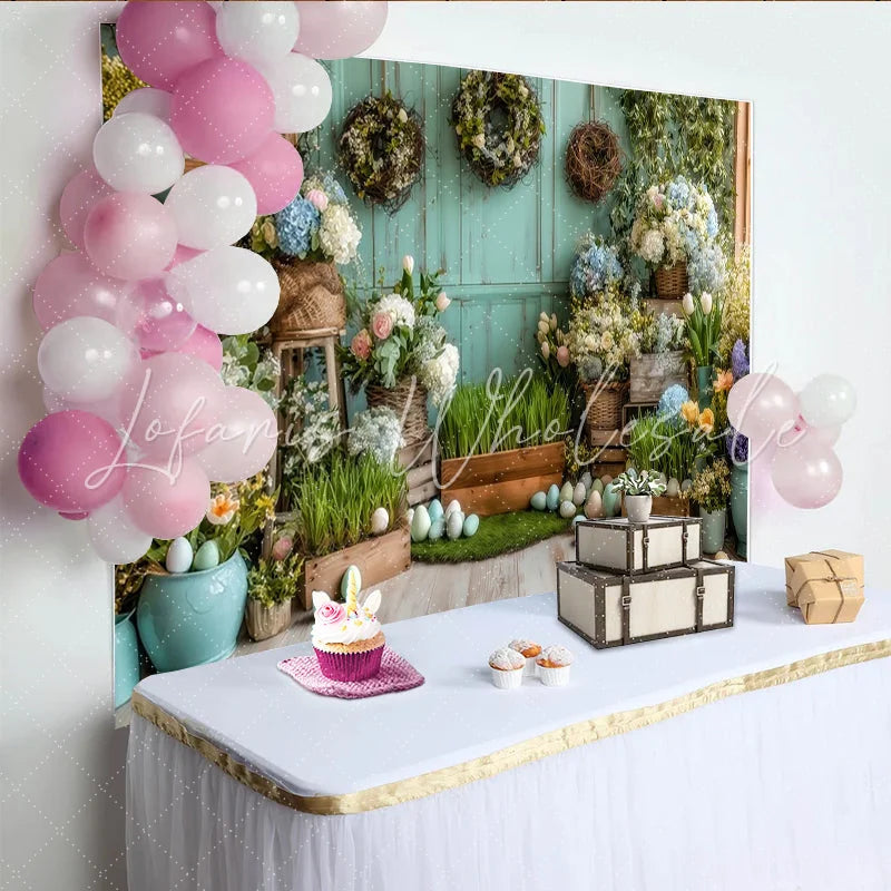 Lofaris Pastel Easter Backdrop with Spring Flowers and Eggs Rustic Wood Wall Photography Background for Holiday Party