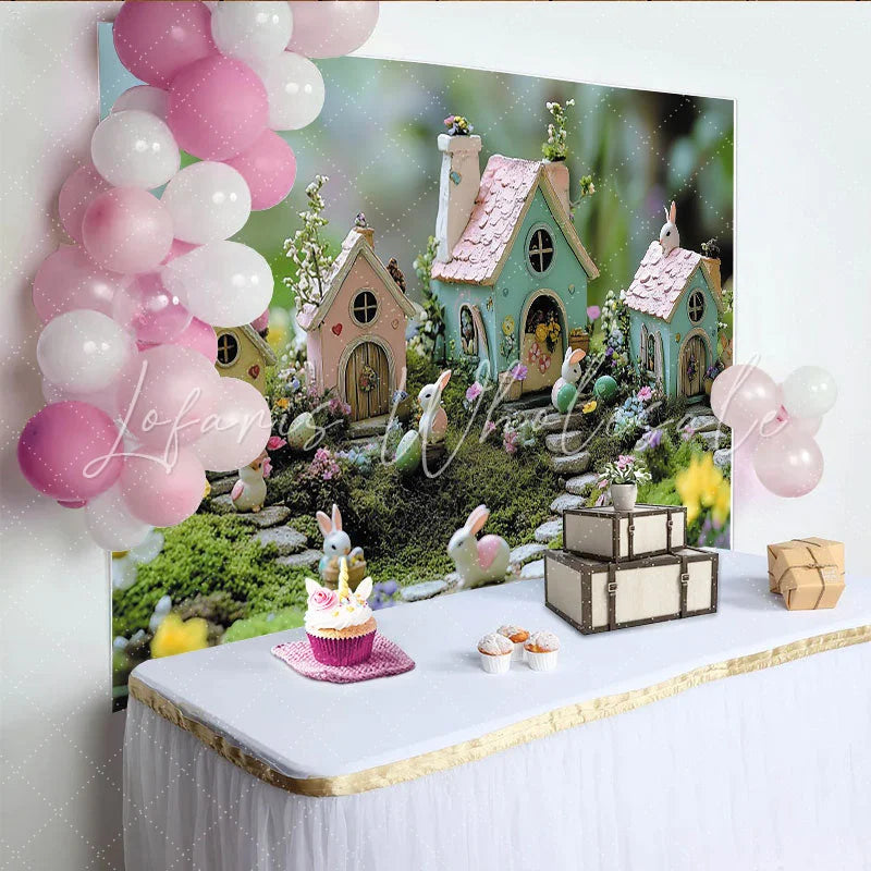Lofaris Pastel Easter Photography Backdrop with Bunnies and Fairy Houses Whimsical Spring Decor for Party and Photoshoot