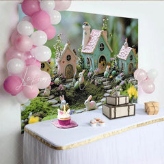 Lofaris Pastel Easter Photography Backdrop with Bunnies and Fairy Houses Whimsical Spring Decor for Party and Photoshoot