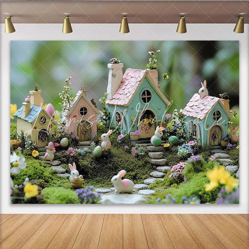 Lofaris Pastel Easter Photography Backdrop with Bunnies and Fairy Houses Whimsical Spring Decor for Party and Photoshoot