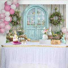 Lofaris Pastel Easter Spring Party Backdrop with Rustic Wooden Door Floral Wreaths and Cute Bunnies