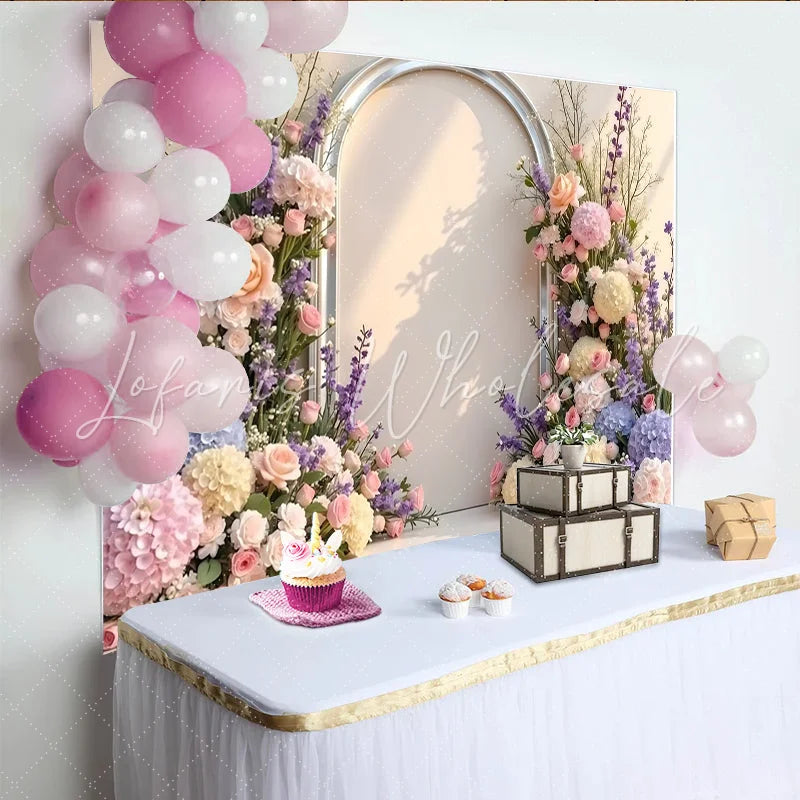 Lofaris Pastel Floral Arch Photography Backdrop with Roses and Hydrangeas Elegant Studio Background for Wedding and Portrait Photoshoots
