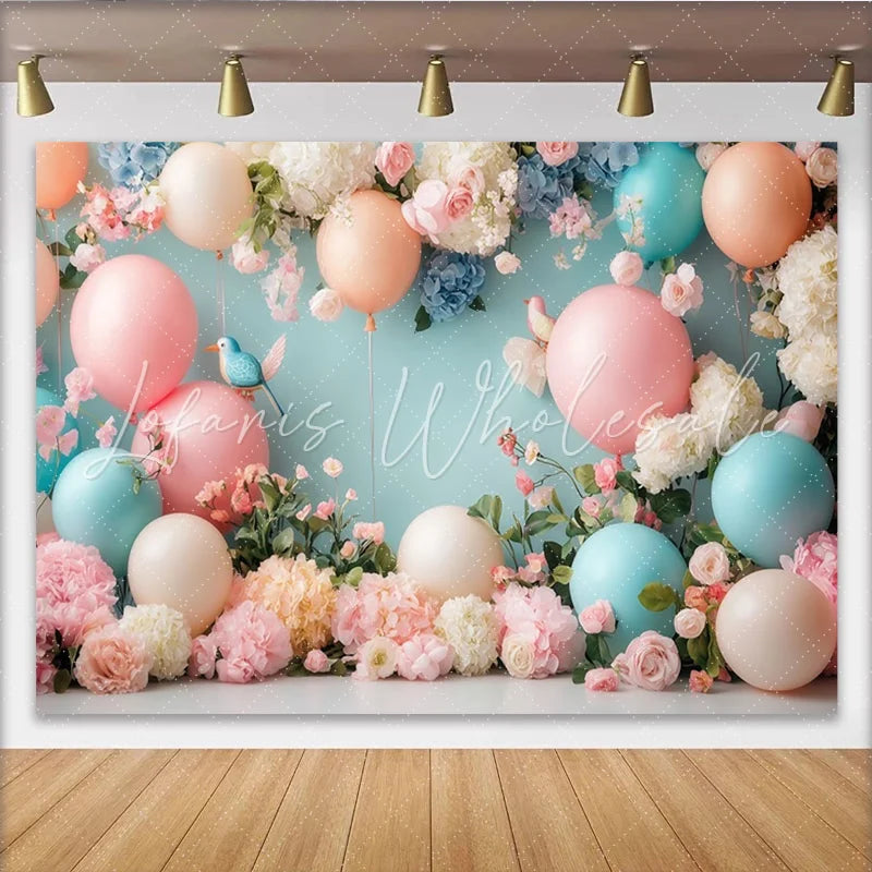 Lofaris Pastel Floral Baby Shower Backdrop with Balloons and Birds Elegant Photography Background for Newborn or Party Decor