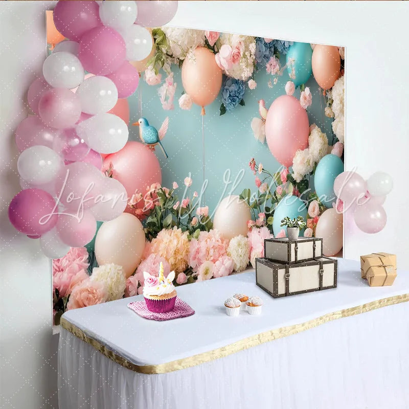 Lofaris Pastel Floral Baby Shower Backdrop with Balloons and Birds Elegant Photography Background for Newborn or Party Decor
