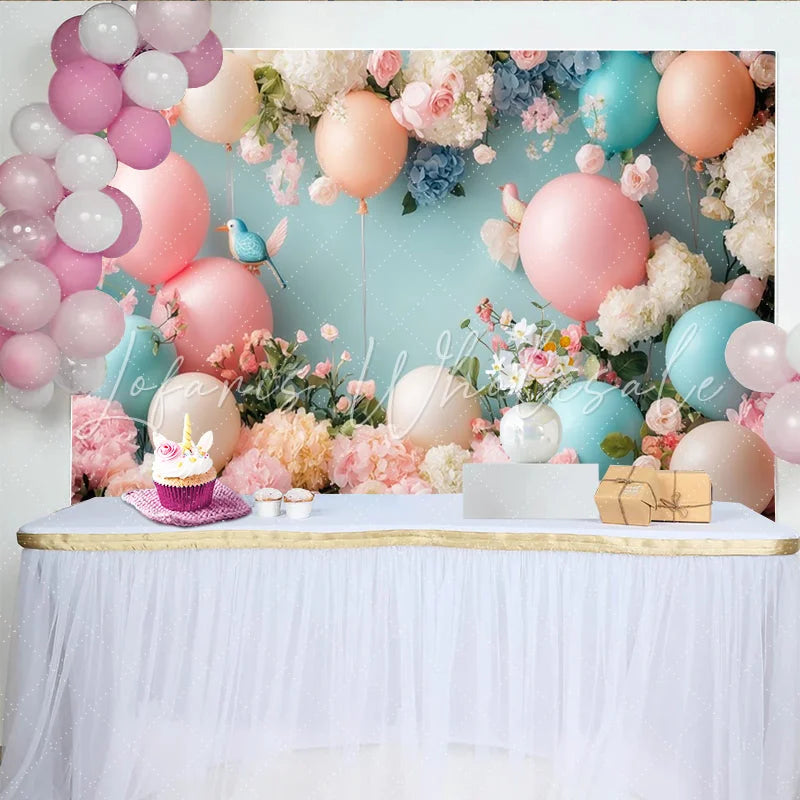 Lofaris Pastel Floral Baby Shower Backdrop with Balloons and Birds Elegant Photography Background for Newborn or Party Decor