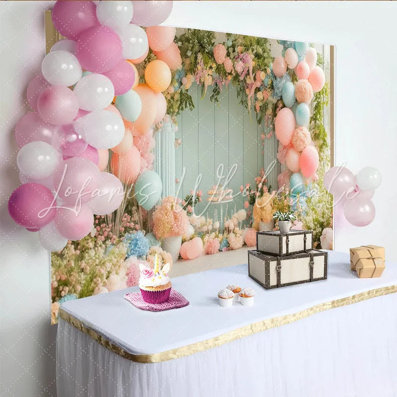 Lofaris Pastel Floral Baby Shower Backdrop with Pink and Blue Balloons and Greenery Elegant Party Decor for Studio Photoshoot
