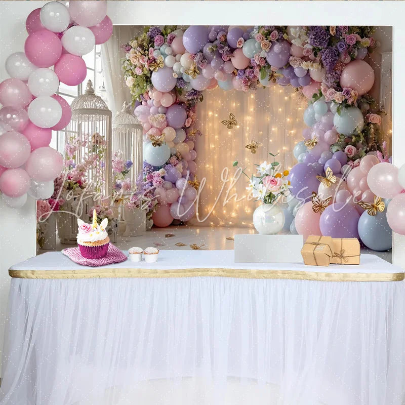 Lofaris Pastel Floral Balloon Photography Backdrop with Golden Butterflies Elegant Studio Background for Party Decoration and Photoshoot
