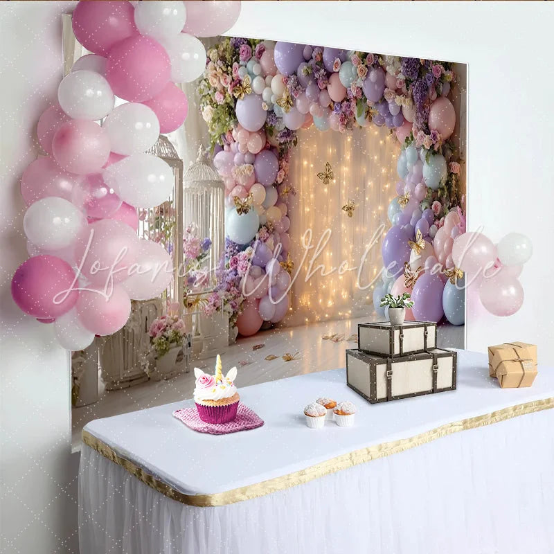 Lofaris Pastel Floral Balloon Photography Backdrop with Golden Butterflies Elegant Studio Background for Party Decoration and Photoshoot