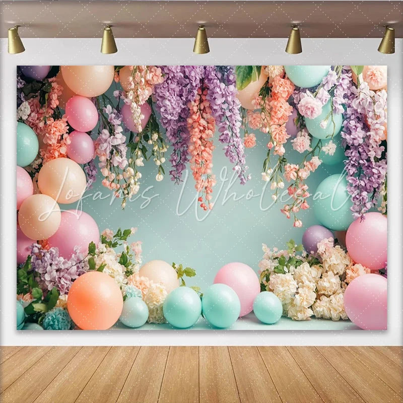 Lofaris Pastel Floral Balloon Photography Backdrop with Hanging Flowers Dreamy Party Decor Background for Studio Photoshoot