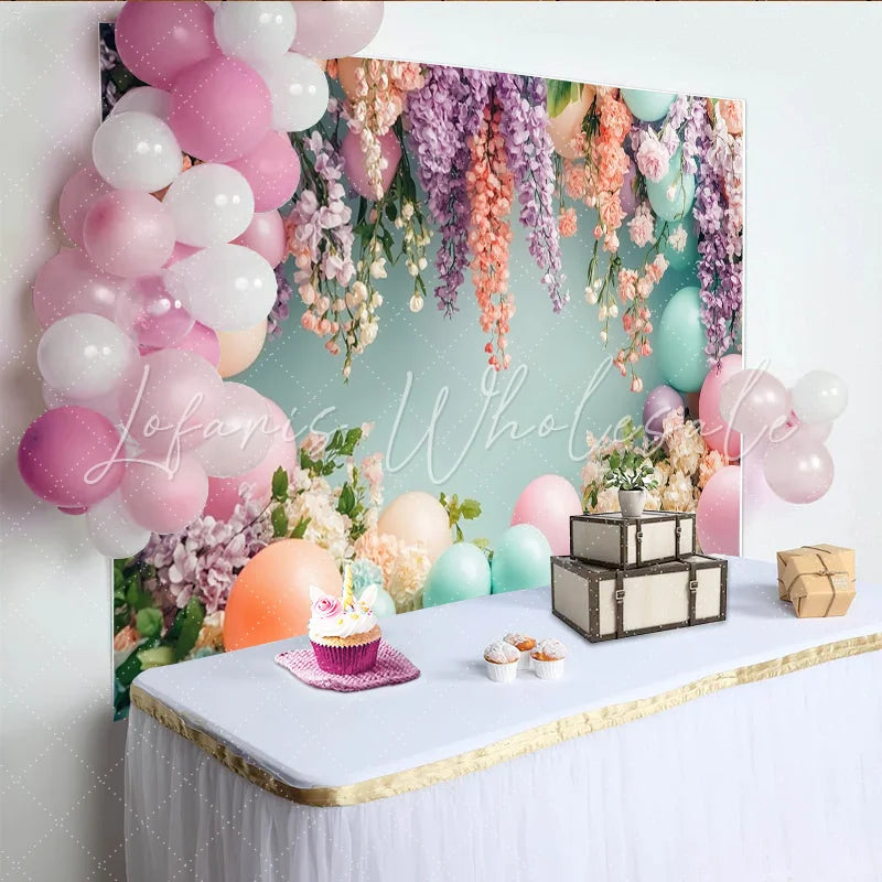 Lofaris Pastel Floral Balloon Photography Backdrop with Hanging Flowers Dreamy Party Decor Background for Studio Photoshoot