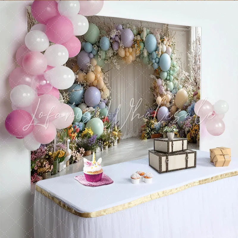 Lofaris Pastel Floral Balloon Photography Backdrop with Spring Flowers and Birdcage Elegant Studio Background for Photoshoot Party Decor