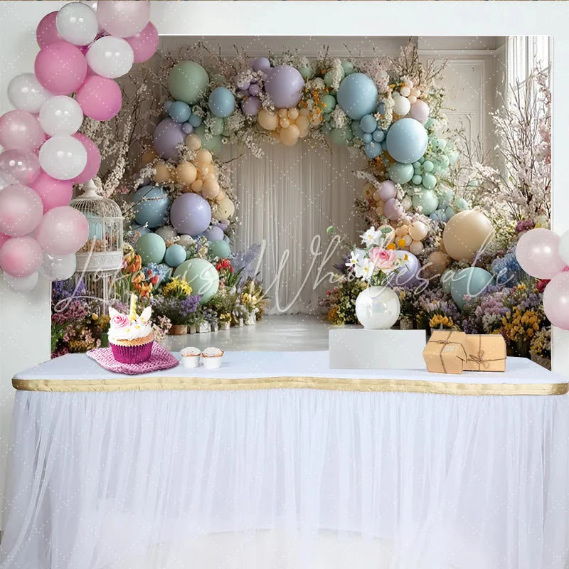 Lofaris Pastel Floral Balloon Photography Backdrop with Spring Flowers and Birdcage Elegant Studio Background for Photoshoot Party Decor