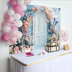Lofaris Pastel Floral Butterfly Photography Backdrop with Arched Door Dreamy Studio Background for Photoshoot and Party Decor