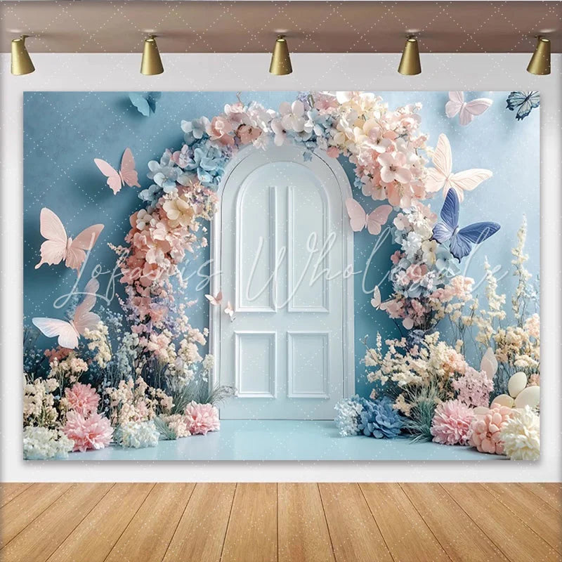 Lofaris Pastel Floral Butterfly Photography Backdrop with Arched Door Dreamy Studio Background for Photoshoot and Party Decor