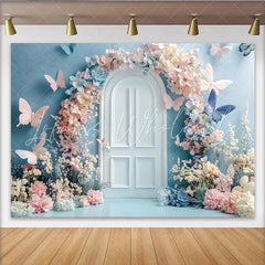 Lofaris Pastel Floral Butterfly Photography Backdrop with Arched Door Dreamy Studio Background for Photoshoot and Party Decor