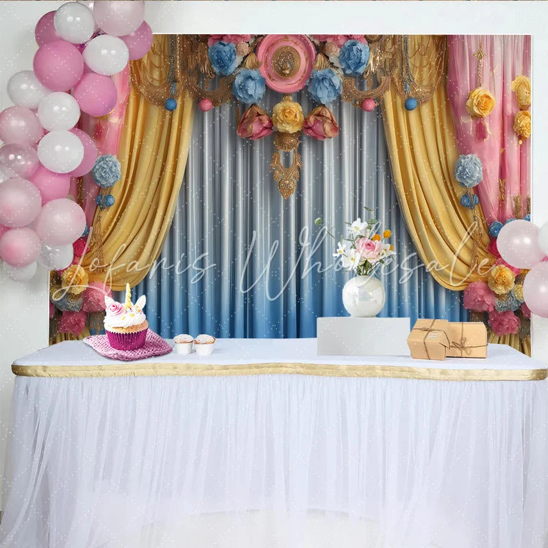 Lofaris Pastel Floral Stage Backdrop Yellow and Blue Drapes with Pink Ornaments Party Banner