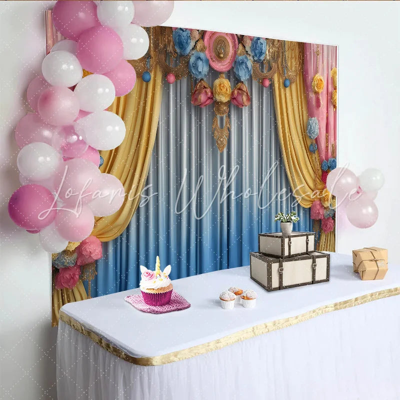 Lofaris Pastel Floral Stage Backdrop Yellow and Blue Drapes with Pink Ornaments Party Banner