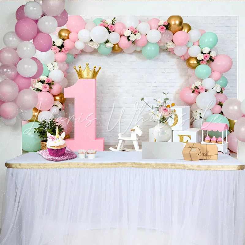 Lofaris Pastel Green Balloon First Birthday Backdrop Gold Crown Pink 1 Sign Girl Party Background