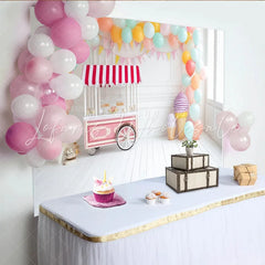 Lofaris Pastel Ice Cream Birthday Backdrop with Balloons and Sweet Cart White Wood Floor Photography Background for Cake Smash Party