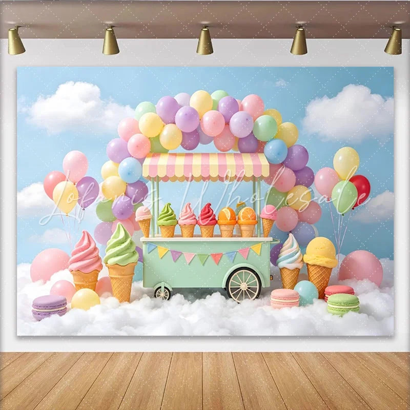 Lofaris Pastel Ice Cream Cart Birthday Backdrop with Colorful Balloons Sweet Dessert Shop Background for Kids Party Photography