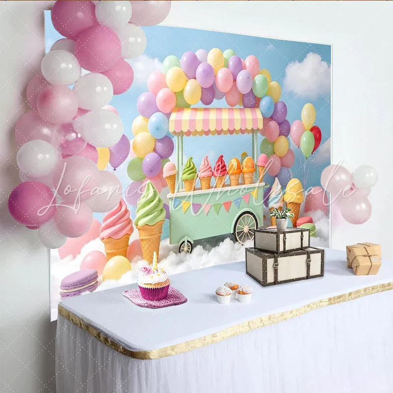 Lofaris Pastel Ice Cream Cart Birthday Backdrop with Colorful Balloons Sweet Dessert Shop Background for Kids Party Photography